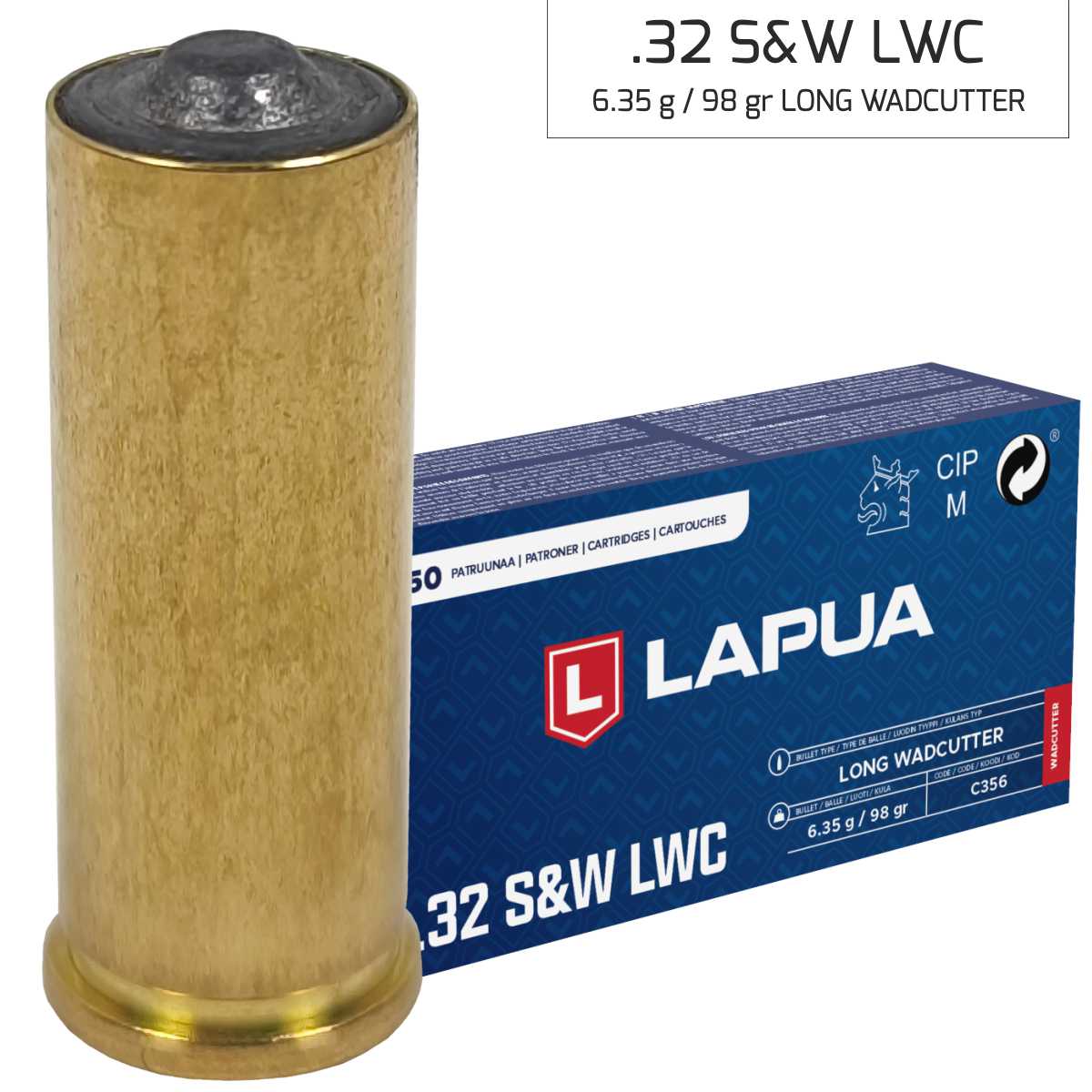 Náboj Lapua .32 S&W Long WC, C427, LWC, 5,35 g, 83 gr