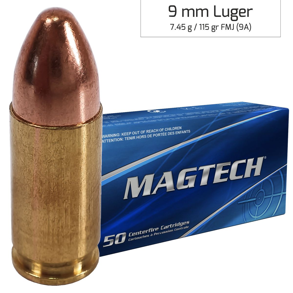 Náboj Magtech 9 mm Luger FMJ (9B) 8,03 g, 124 grs